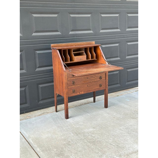 Antique Early 20th Century Quarter Sawn Oak Drop Front Secretary With Drawers - Solid Wood Accent Chest With Ring Pulls For Sale - Image 13 of 17