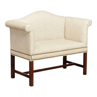 Early 21st Century Chippendale Style Upholstered Camelback Settee, Bench For Sale