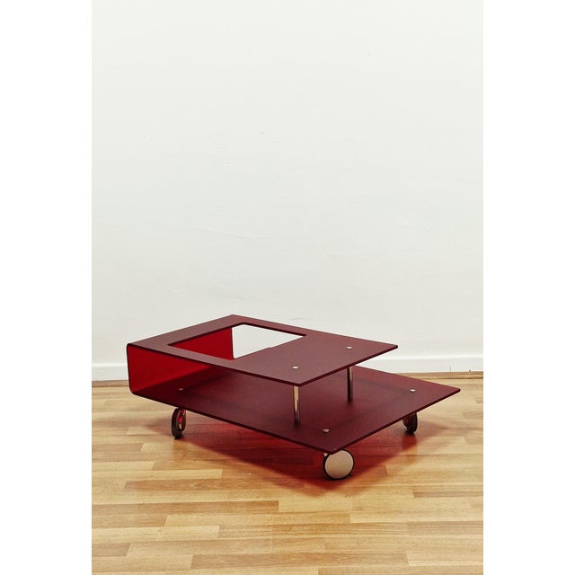 Maroon Italian Coffee Table in Burgundy Acrylic Glass and Chrome Wheels, 1990s For Sale - Image 8 of 14