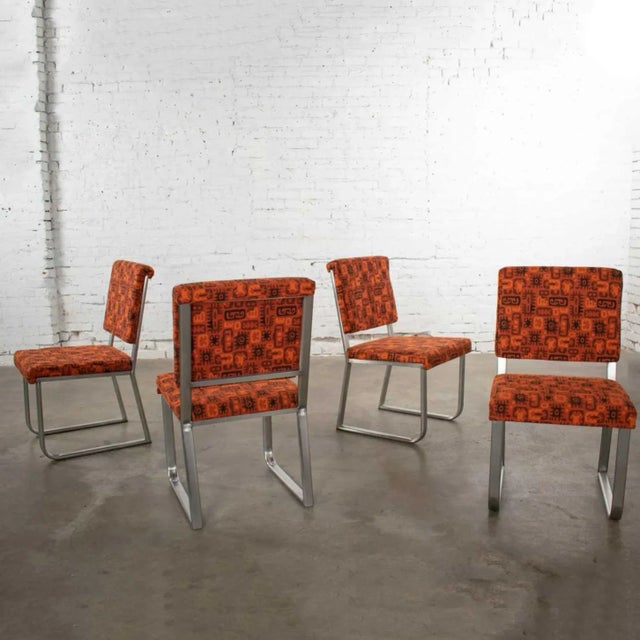 4 Streamline Modern Railroad Dining Car Chairs In Stainless Steel Orange Abstract Upholstery Chairish