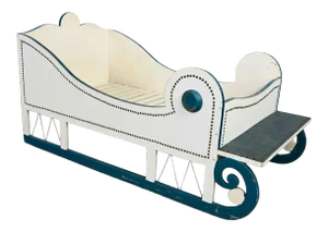Vintage Sleigh-Style Dog Bed White With Blue Trim & Nail Head Design