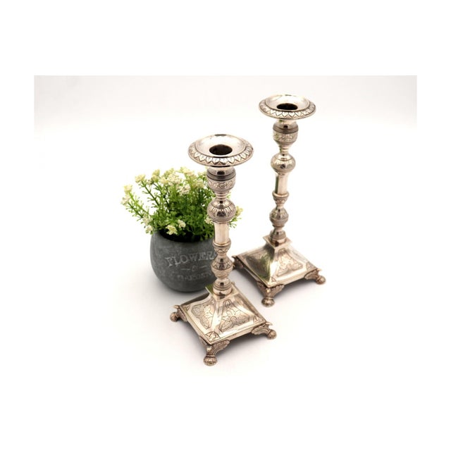 Metal Silver Candlesticks with Turned Stems, Set of 2 For Sale - Image 7 of 7