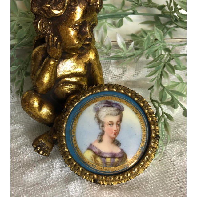 Metal Antique 19th Century French Hand Painted Porcelain Portrait For Sale - Image 7 of 9