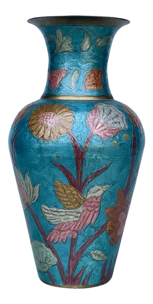 Vintage Middle Eastern Brass Enamel Cloisonne Bird Motif Flared Vase
