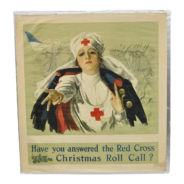Original Vintage 1918 Wwi Harrison Fisher Poster Red Cross Christmas Roll Call For Sale