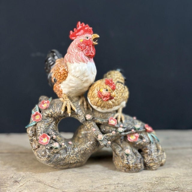 Brown Vintage Shiwan Pottery Rooster & Hen on Plum Branch - 12.5" Tall For Sale - Image 8 of 9