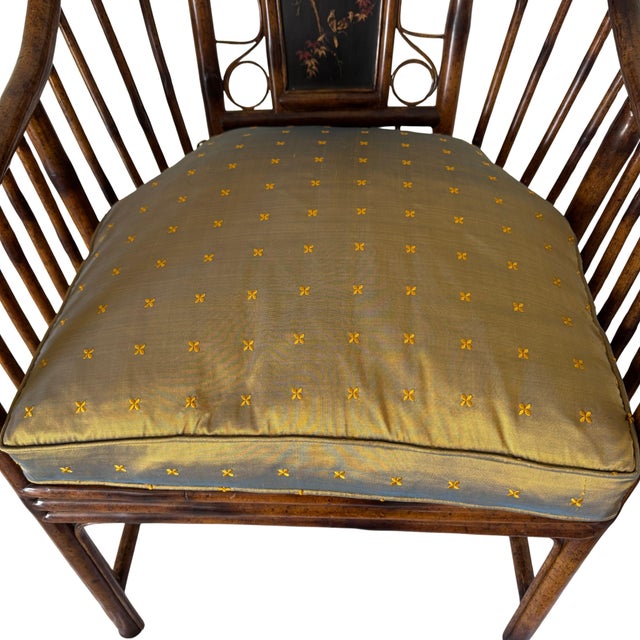 Late 20th Century Attributed to Theodore Alexander Chinoiserie Bamboo Pavilion Armchairs With Custom Silk Down Cushions For Sale In Los Angeles - Image 6 of 16