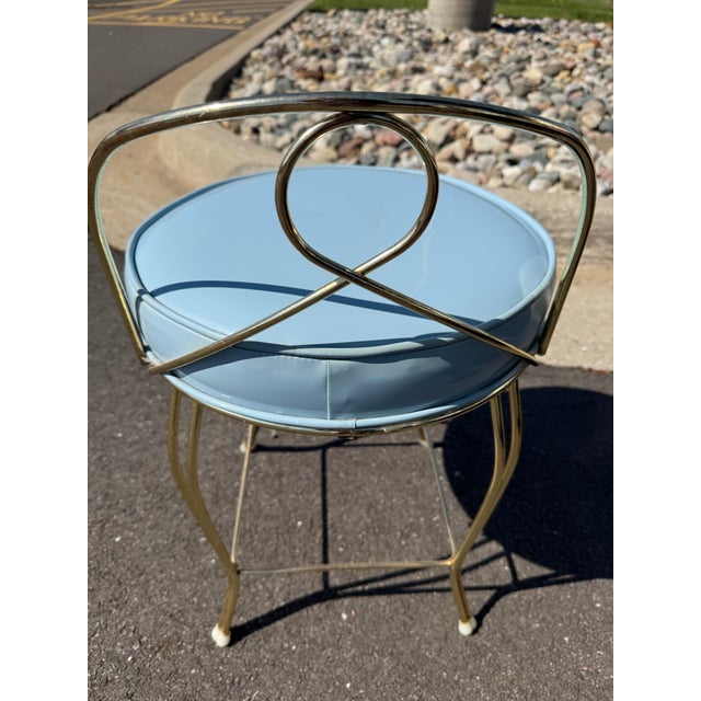 Hollywood Regency Vintage Mid-Century Hollywood Regency Brass Vanity Chair Stool - Pastel Blue Vinyl - George Koch Sons For Sale - Image 3 of 12
