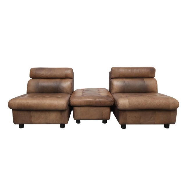 Brown Leather Patchwork Lounge Chairs and Stool, 1970s, Set of 3 For Sale - Image 15 of 15