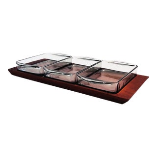 Mid Century Teak and Glass Serving Tray Set For Sale