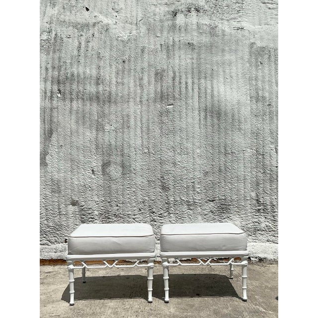 White Vintage Coastal Brown Jordan “Calcutta” Aluminum Ottomans - A Pair For Sale - Image 8 of 11