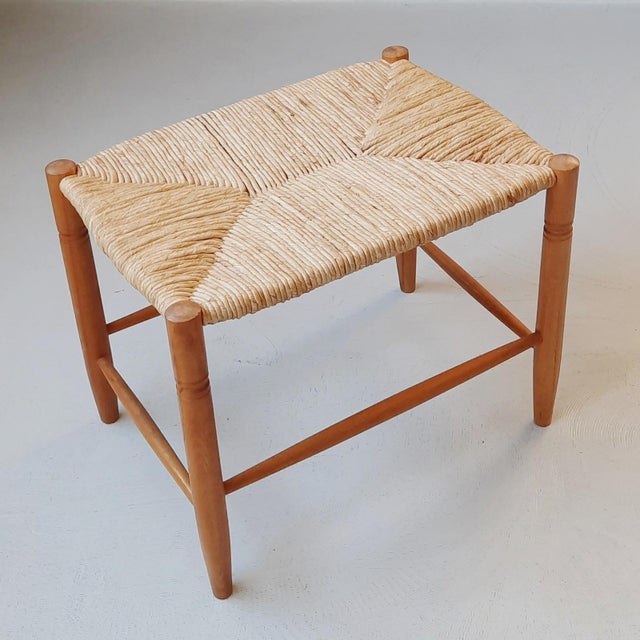 Rectangular Wooden Stool with Rush Seat, 1970s For Sale - Image 3 of 4