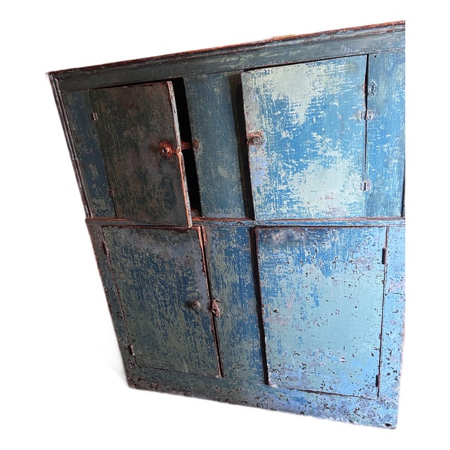 Antique Farmhouse Wood-Painted Turquoise Cabinet For Sale