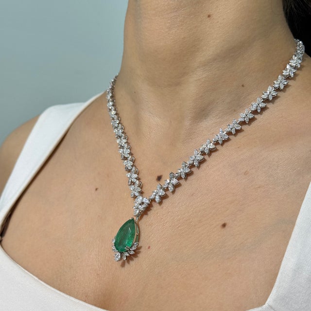 Not Yet Made - Made To Order Art Deco Pear Drop 9.81ct Emerald & 12.19ct Diamond Designer Necklace in 14k White Gold For Sale - Image 5 of 15