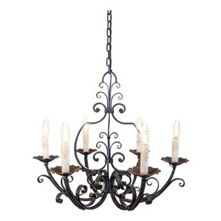 Mid 20th Century French Six Light Wrought Iron Chandelier with Cascading Scrolls, USA Wired For Sale