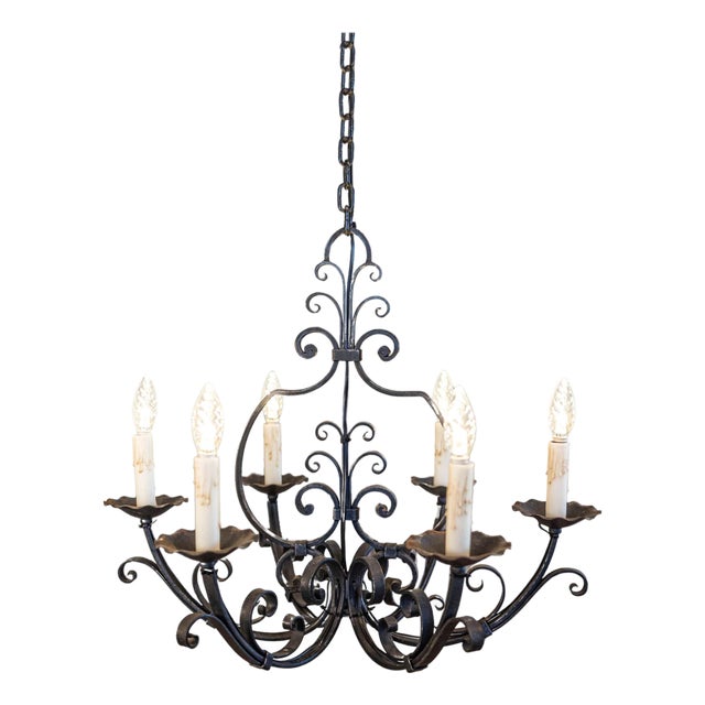 Mid 20th Century French Six Light Wrought Iron Chandelier with Cascading Scrolls, USA Wired For Sale