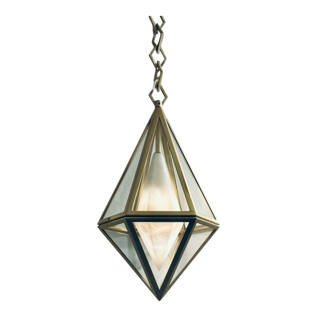 Baltic Modern Alabaster and Satin Brass Geometric Lens Pendant Light For Sale