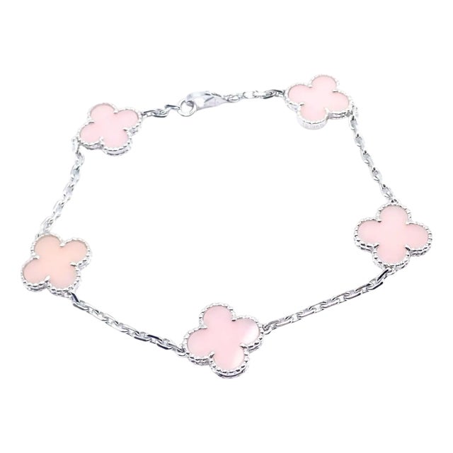 Late 20th Century Van Cleef & Arpels Pink Opal Vintage Alhambra Five Motif White Gold Bracelet For Sale