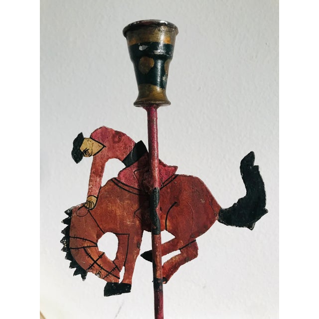 Vintage Rustic Metal and Hand Painted Spanish Vaquero Candle Holders - Set of 2 For Sale In Boise - Image 6 of 9