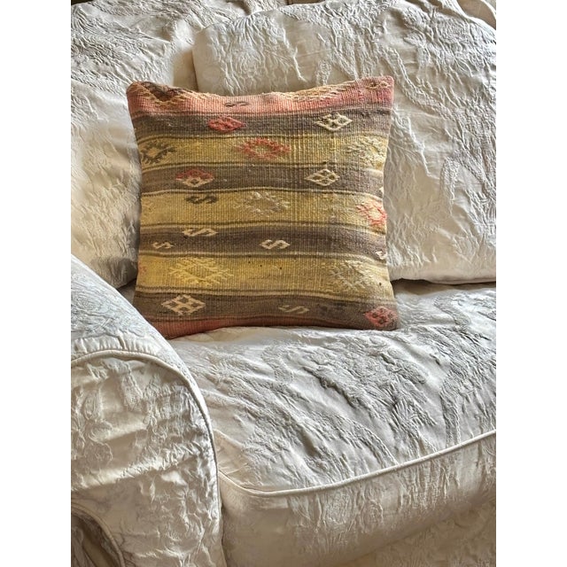 Contemporary Vintage Handwoven Earth-Toned Turkish Kilim Wool Accent Throw Pillow For Sale - Image 3 of 4