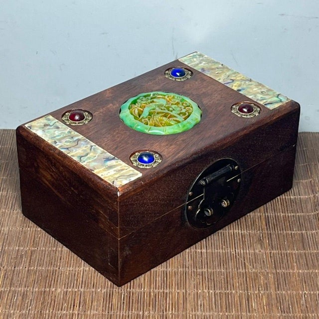 Vintage Rosewood Jewelry Box With Abalone Shell & Jade Inlay | Chinoiserie Trinket Box For Sale - Image 4 of 9