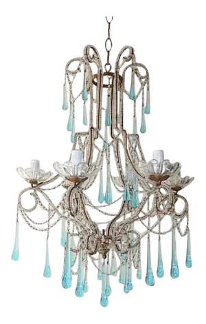 French Aqua Blue Murano Drops Beaded Chandelier