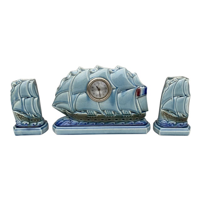 French Majolica Sailing Ship Clock With Vases Sarreguemines Circa 1930 For Sale