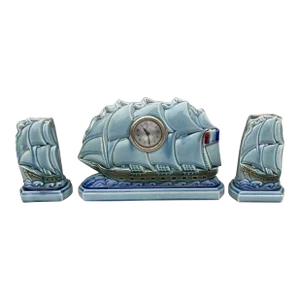 French Majolica Sailing Ship Clock With Vases Sarreguemines Circa 1930