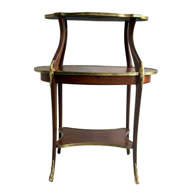 French Vintage French Louis XV Style Marquetry Two-Tier Étagère Side Table For Sale - Image 3 of 10