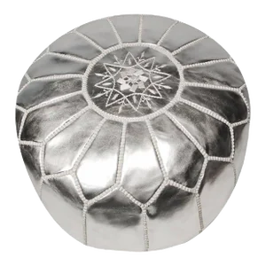 Moroccan Silver Hand Tooled Round Pouf Ottoman