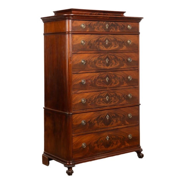 19th Century Biedermeier Mahogany Chest of Seven Drawers Highboy, Denmark For Sale