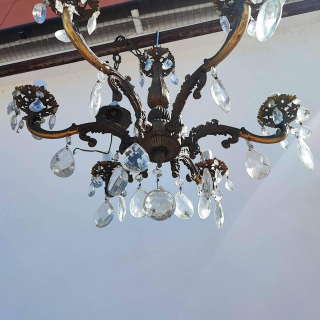 Vintage Six-Armed Chandelier with Glass Drops For Sale - Image 5 of 10