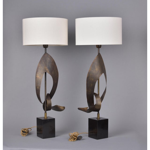Pair Vintage Italian Brutalist Style Lamps With White Shades For Sale - Image 4 of 10