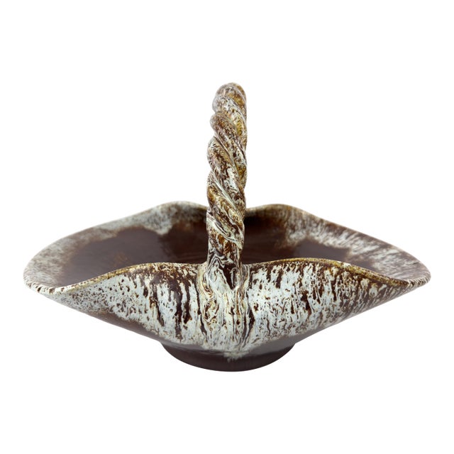 Accolay Ceramic Basket With Twisted Handle, France, Mid 20th Century For Sale