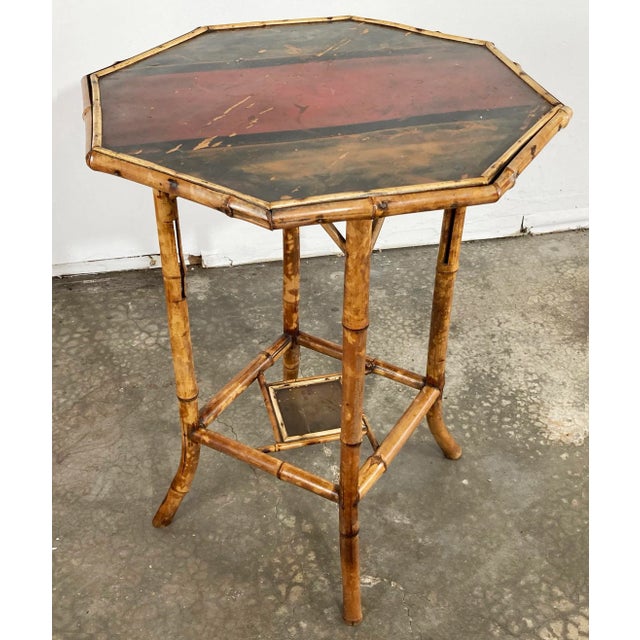 Antique Chinoiserie Style Hand Painted Scorched Bamboo Side Table For Sale - Image 4 of 13