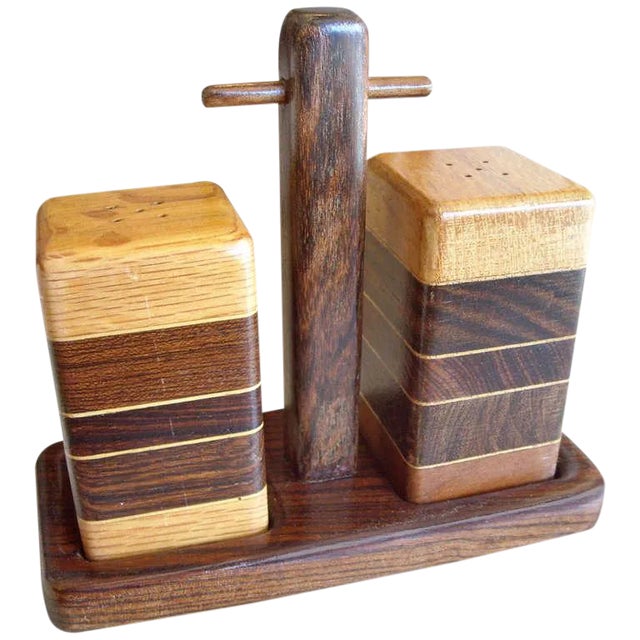 Don Shoemaker Salt and Pepper Set With Tray of Rosewood, Oak and Mixed Woods For Sale