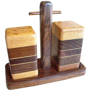 Don Shoemaker Salt and Pepper Set With Tray of Rosewood, Oak and Mixed Woods