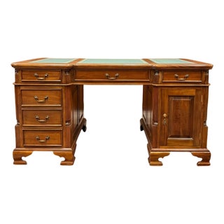 English Partner Desk with Green Leather Top For Sale
