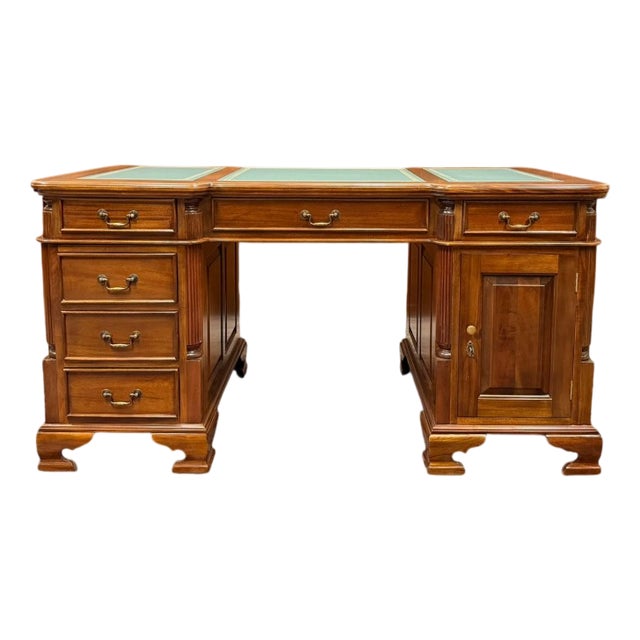 English Partner Desk with Green Leather Top For Sale