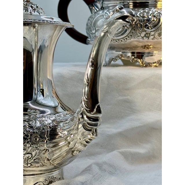Robert & Belk, Sheffield, England Antique Art Nouveau Sterling Silver Coffee Pot, Tea Pot and Sugar & Creamer Set With Rare Repousse Ornamentation For Sale - Image 6 of 12