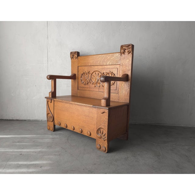 Antique Arts and Crafts Style Carved Oak Hall Bench With Storage For Sale - Image 4 of 10