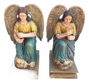 Pair 19th Century Indo-Portuguese Goan Painted Teak Kneeling Angels Statues