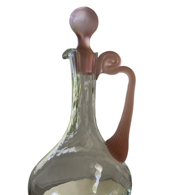 Vintage Polish Crystal Wine Carafe Decanter Pitcher With Frosted Pink Stopper and Satin Handle For Sale In Jacksonville, FL - Image 6 of 9
