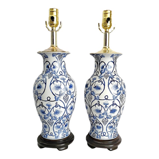 Lamp Pair Blue & White Pair Ginger Jar Style For Sale