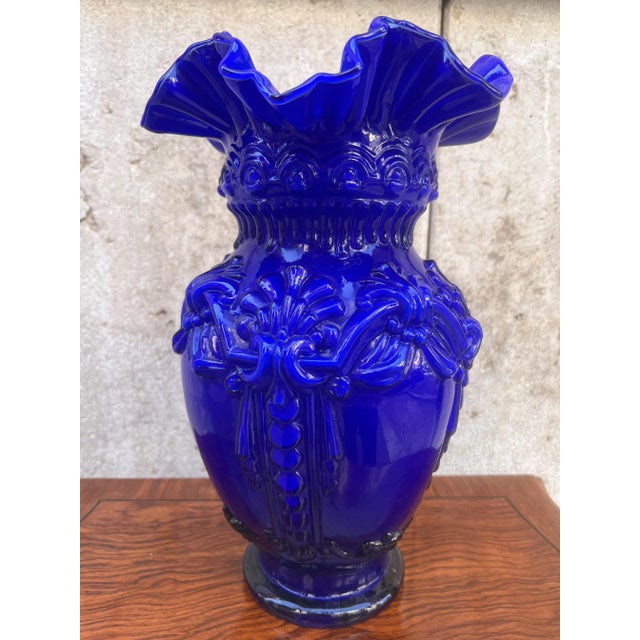 Vintage Opaline Deep Blue Vase, 1950 For Sale - Image 4 of 5
