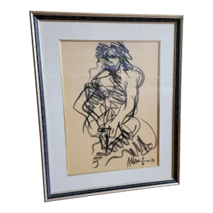 Vintage Allen Kay Framed Abstract Figurative Charcoal Drawing