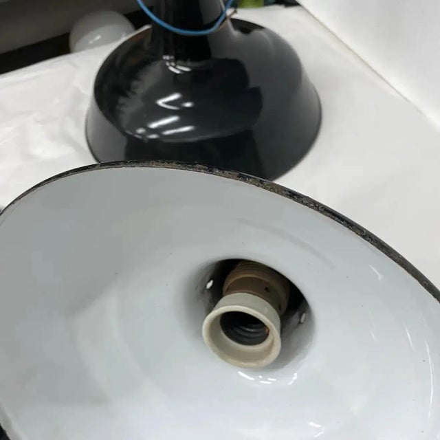 1930s Set of Three Industrial Black Painted Metal Italian Pendants For Sale - Image 4 of 13