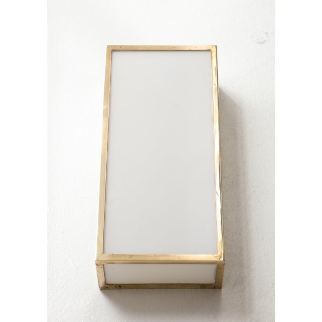 Mid-Century Modern Bespoke Milk Glass and Brass Sconces - Pair For Sale - Image 3 of 7