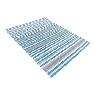 Handwoven Cotton Area Rug, Natural Vegetable Dyed, Blue, Red and Yellow Striped Dhurrie - 10'x14' For Sale