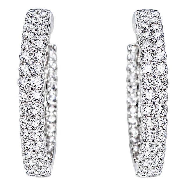 Late 20th Century Pair of 14K White Gold Diamond Inside Outside Hoop Earrings For Sale